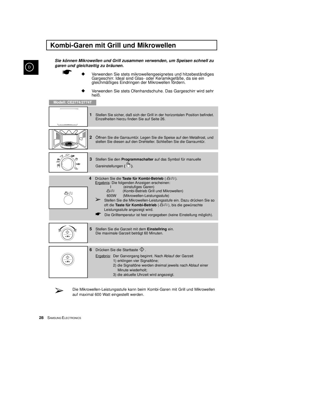 Samsung CE2774-C/XEG, CE2774/XEG manual Kombi-Garen mit Grill und Mikrowellen, Drücken Sie die Taste für Kombi-Betrieb 