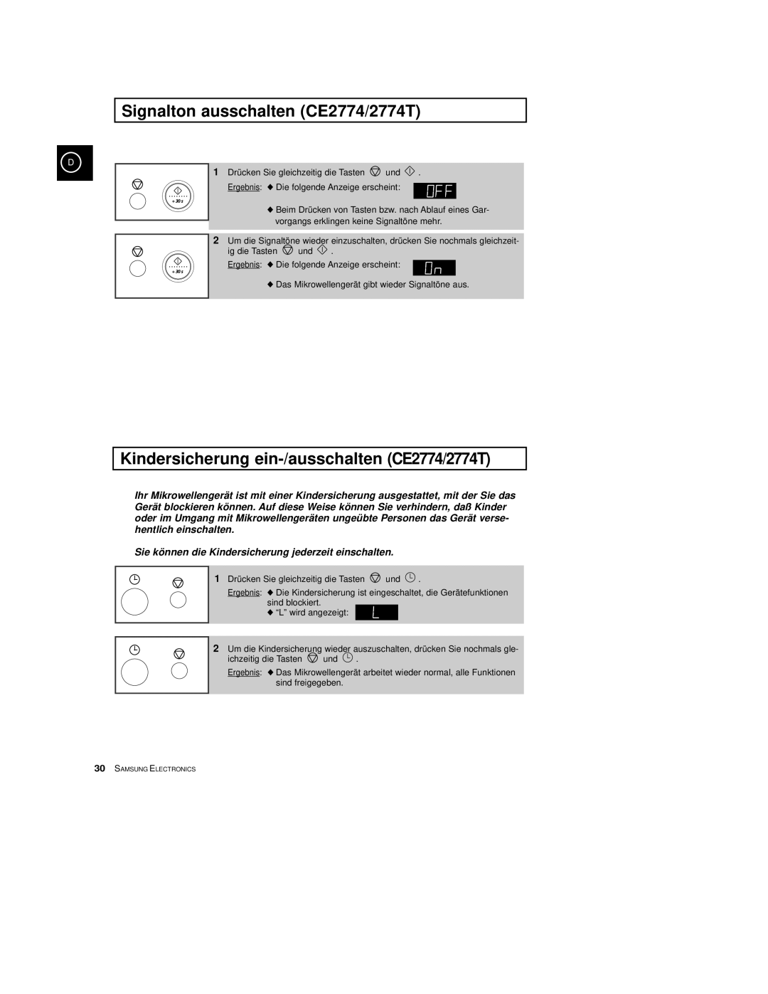 Samsung CE2774/XEG, CE2774-C/XEG manual Signalton ausschalten CE2774/2774T, Kindersicherung ein-/ausschalten CE2774/2774T 