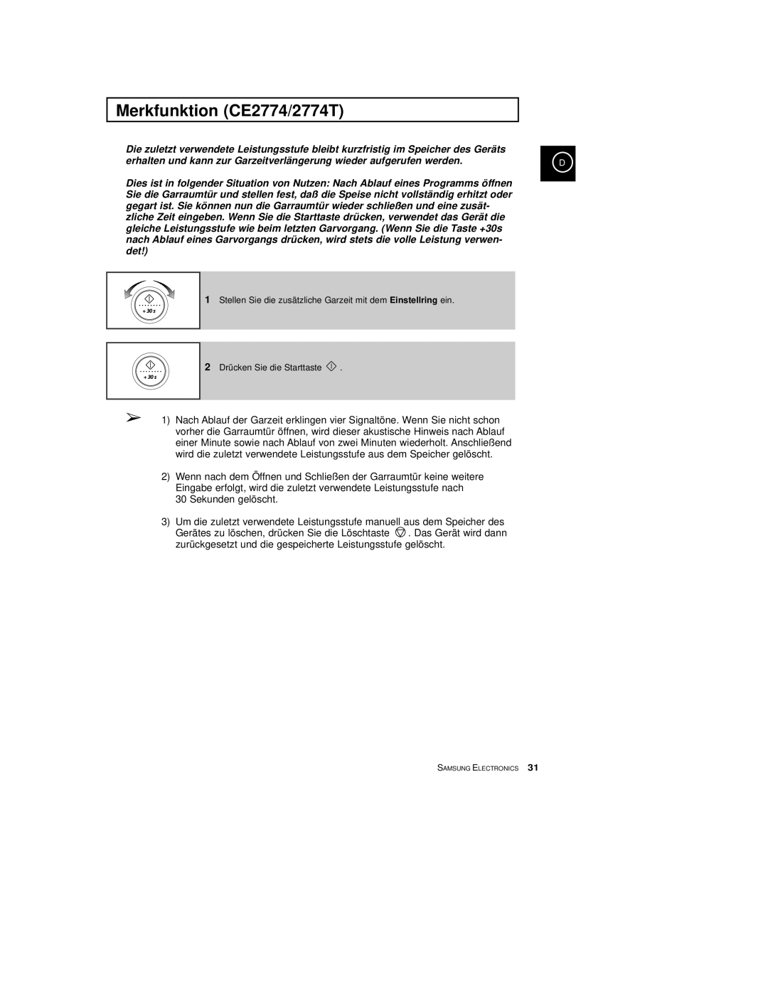 Samsung CE2774-C/XEG, CE2774/XEG, CE2774-M/XEG manual Merkfunktion CE2774/2774T 