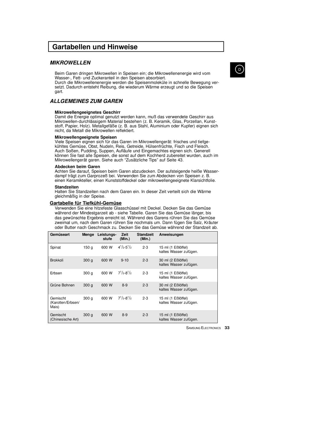 Samsung CE2774/XEG, CE2774-C/XEG, CE2774-M/XEG manual Gartabellen und Hinweise, Gartabelle für T iefkühl-Gemüse 