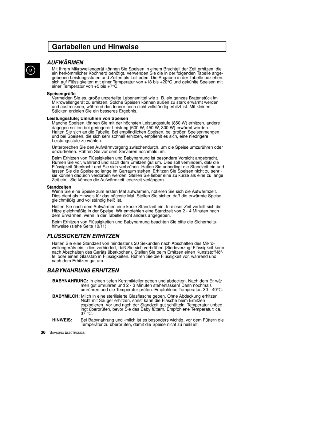 Samsung CE2774/XEG, CE2774-C/XEG, CE2774-M/XEG manual Speisengröße, Leistungsstufe Umrühren von Speisen 