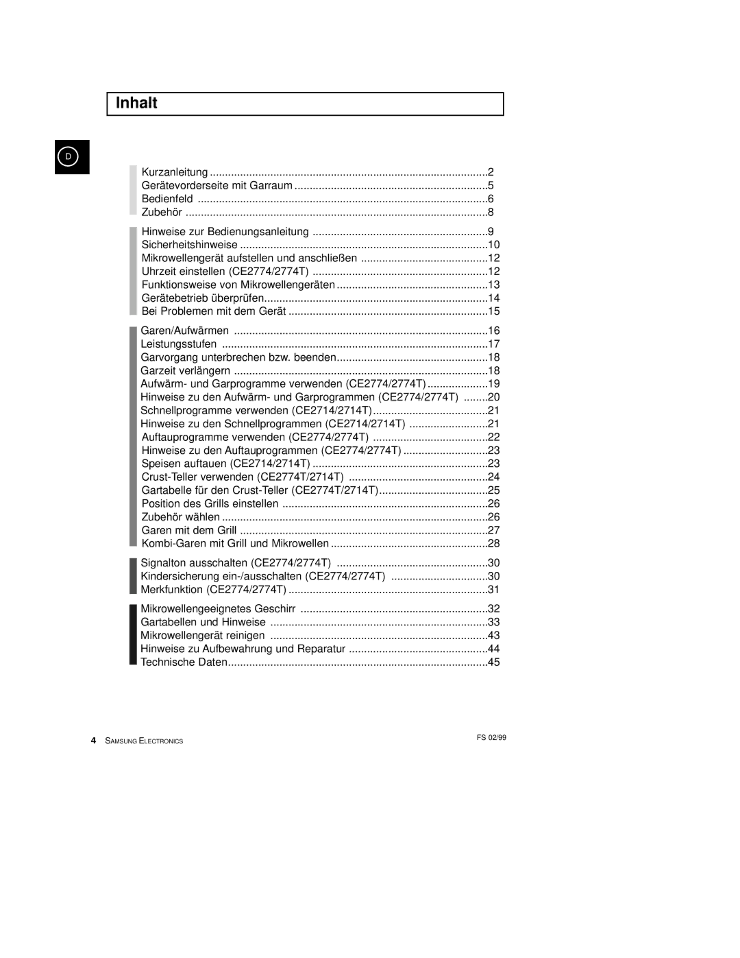 Samsung CE2774-C/XEG, CE2774/XEG, CE2774-M/XEG manual Inhalt 