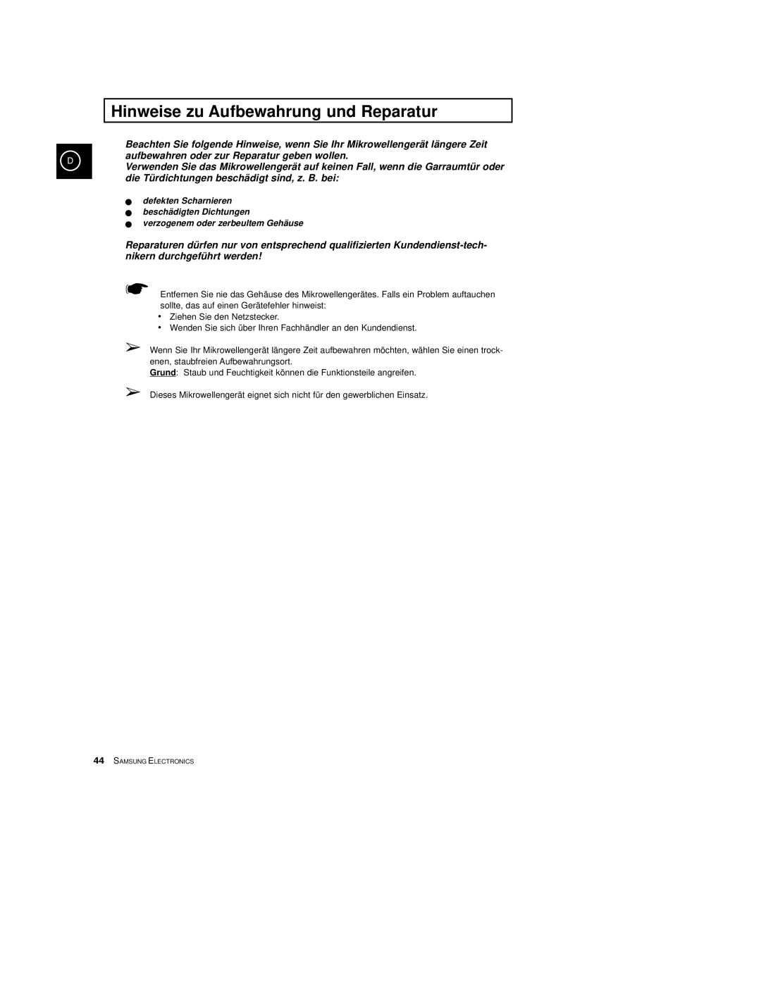 Samsung CE2774-M/XEG, CE2774/XEG, CE2774-C/XEG manual Hinweise zu Aufbewahrung und Reparatur 