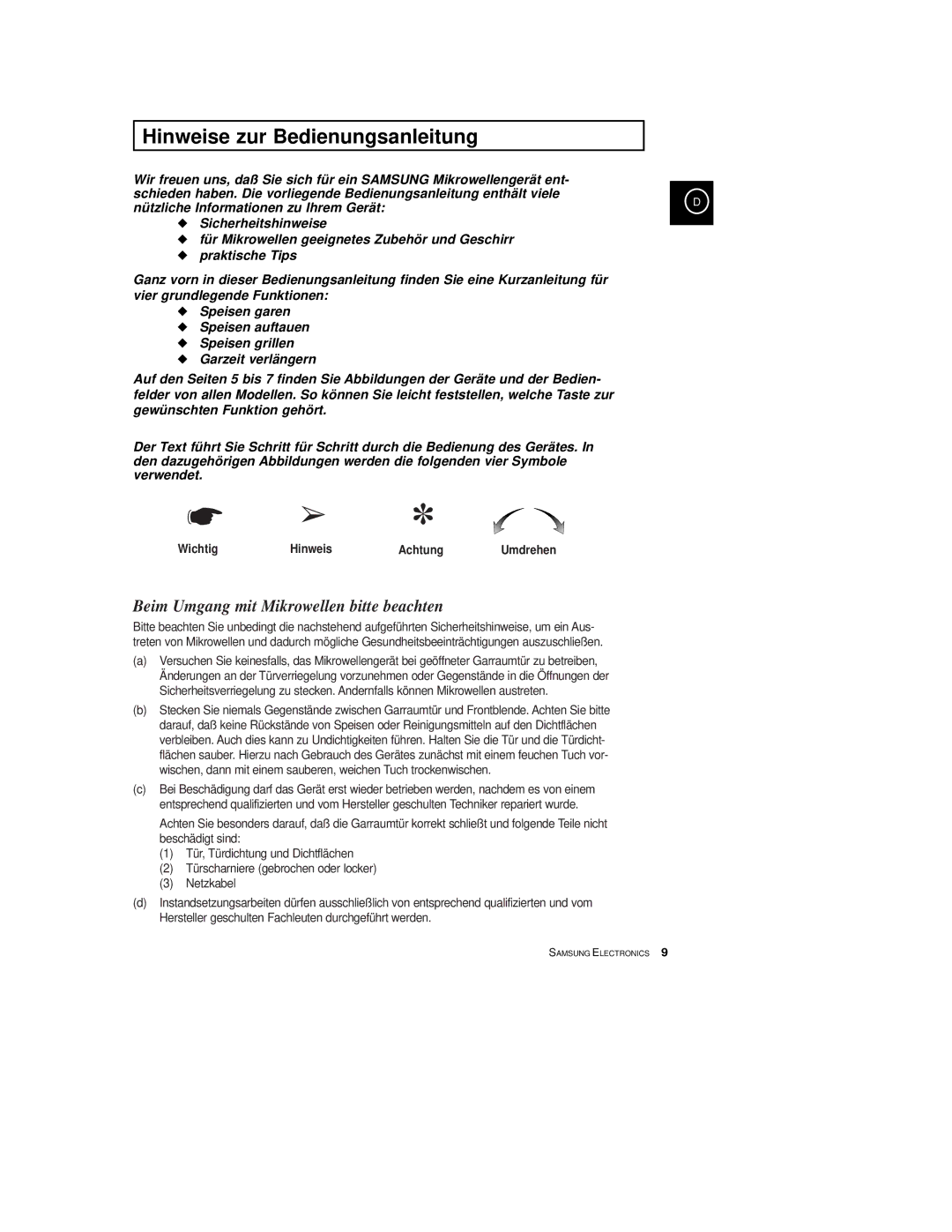 Samsung CE2774/XEG, CE2774-C/XEG, CE2774-M/XEG manual Hinweise zur Bedienungsanleitung, Wichtig Hinweis Achtung, Umdrehen 