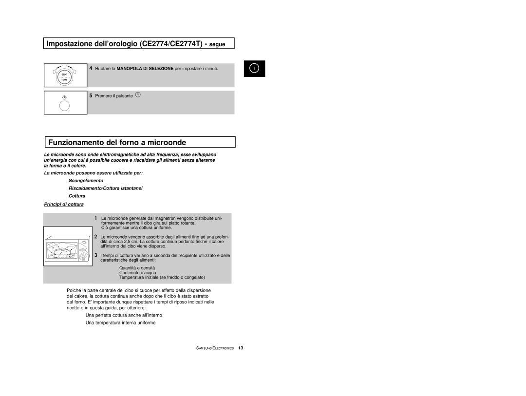 Samsung CE2774-1/XET, CE2774/XET manual Impostazione dell’orologio CE2774/CE2774T segue, Funzionamento del forno a microonde 