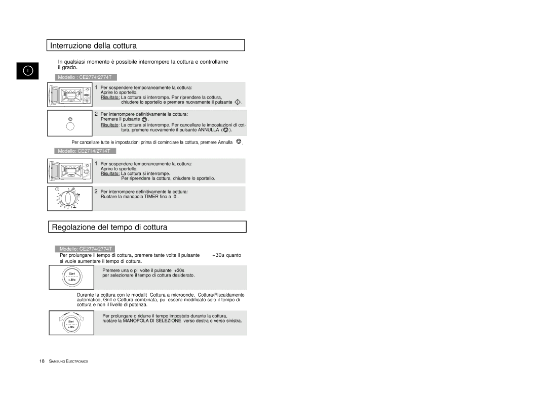 Samsung CE2774/XET, CE2774-1/XET manual Interruzione della cottura, Regolazione del tempo di cottura 