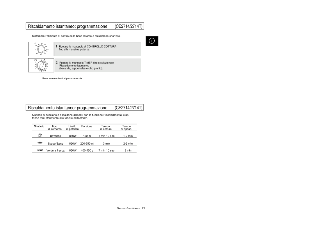 Samsung CE2774-1/XET, CE2774/XET manual Riscaldamento istantaneo programmazione CE2714/2714T, Simbolo, Livello 