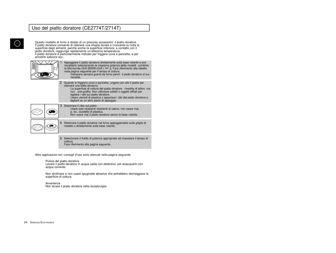 Samsung CE2774/XET, CE2774-1/XET manual Uso del piatto doratore CE2774T/2714T, Pulizia del piatto doratore 