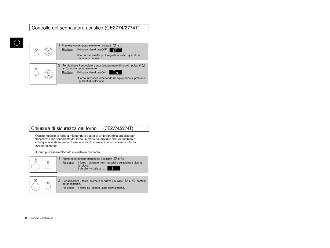 Samsung CE2774/XET manual Controllo del segnalatore acustico CE2774/2774T, Chiusura di sicurezza del forno CE2774/2774T 