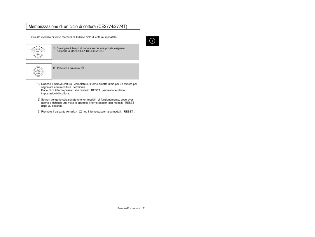 Samsung CE2774-1/XET, CE2774/XET manual Memorizzazione di un ciclo di cottura CE2774/2774T 