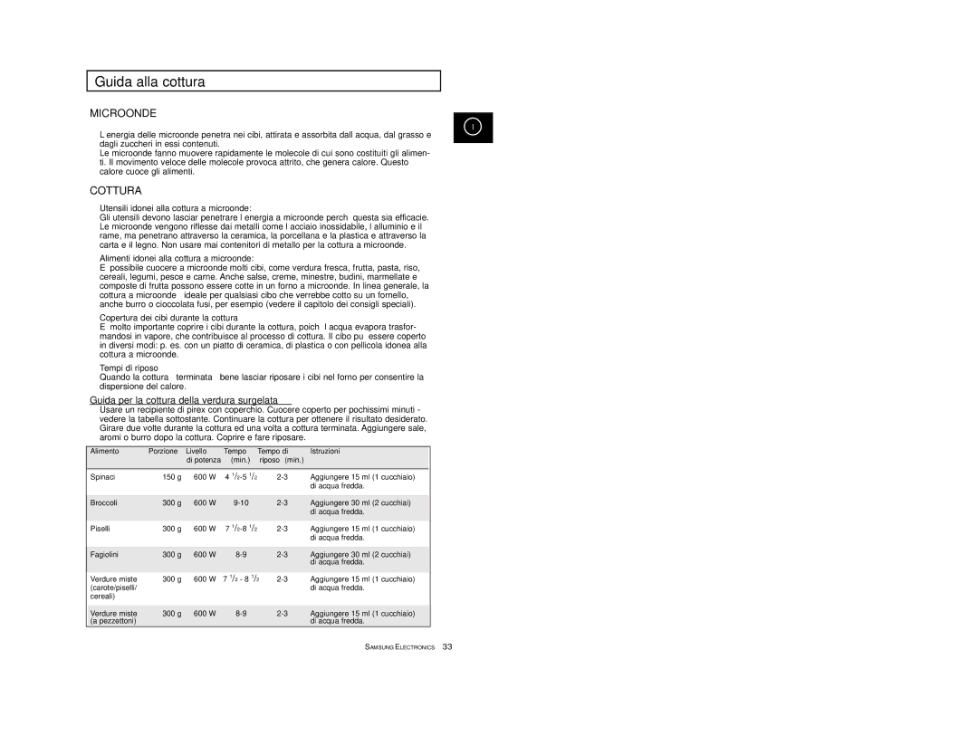 Samsung CE2774-1/XET, CE2774/XET manual Guida alla cottura, Guida per la cottura della verdura surgelata 