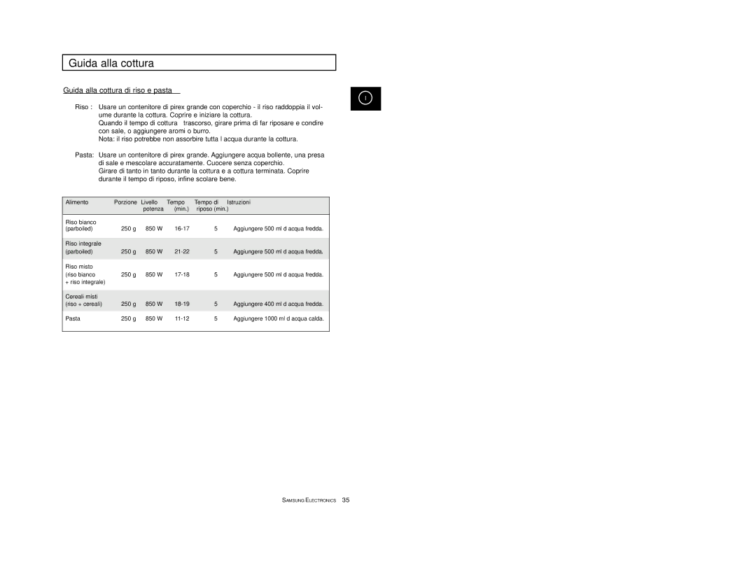 Samsung CE2774-1/XET, CE2774/XET Guida alla cottura di riso e pasta, Alimento Porzione Livello Tempo Tempo di Istruzioni 