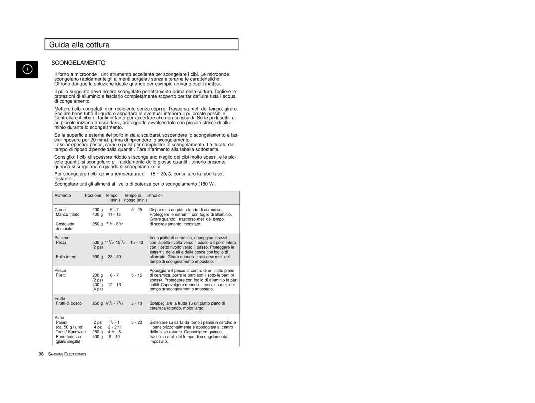 Samsung CE2774/XET, CE2774-1/XET manual Scongelamento, Alimento Porzione Tempo Tempo di Istruzioni Min. riposo min 