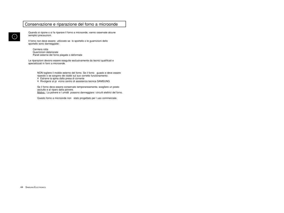 Samsung CE2774/XET, CE2774-1/XET manual Conservazione e riparazione del forno a microonde 