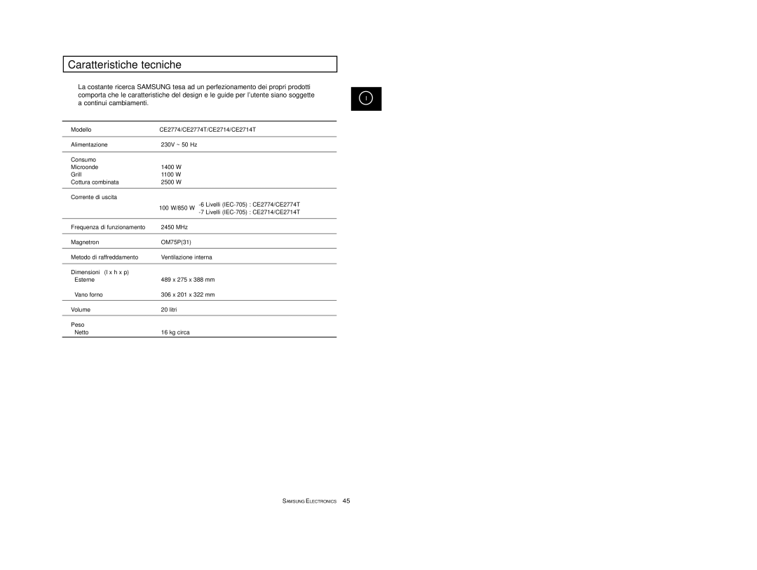 Samsung CE2774-1/XET, CE2774/XET manual Caratteristiche tecniche 