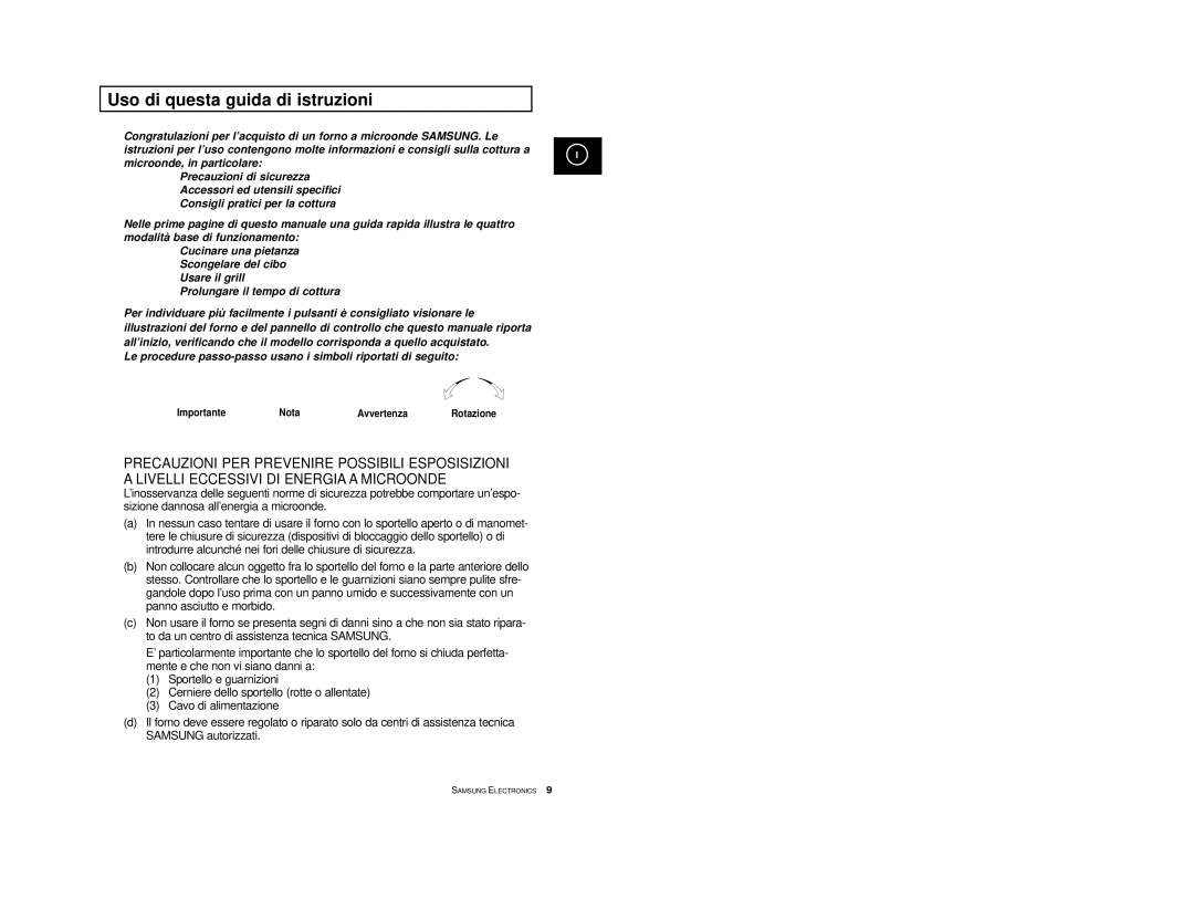 Samsung CE2774-1/XET, CE2774/XET manual Uso di questa guida di istruzioni, Importante Nota Avvertenza, Rotazione 