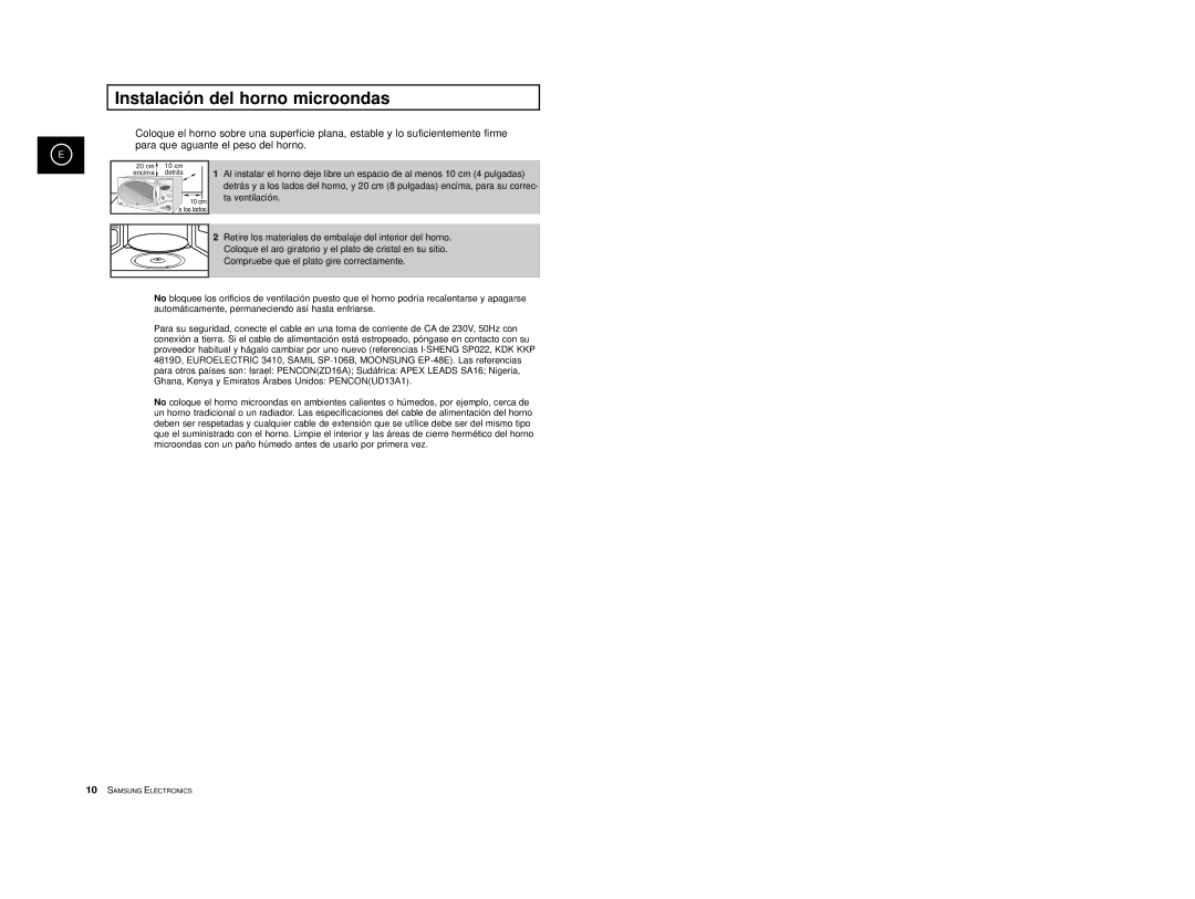 Samsung CE2777-S/XEC, CE2777-D/XEC, CE2777-B/XEC, CE2777/XEC, CE2777-GR/XEC manual Instalación del horno microondas 