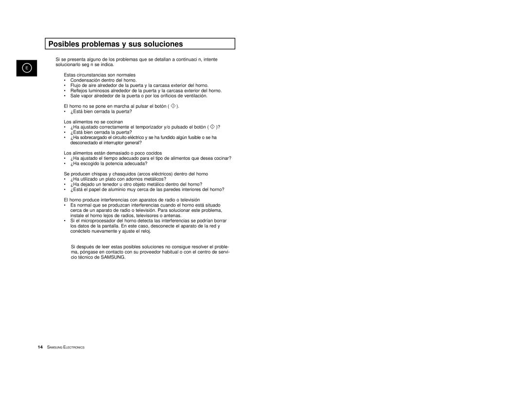 Samsung CE2777-GR/XEC, CE2777-S/XEC, CE2777-D/XEC, CE2777-B/XEC, CE2777/XEC manual Posibles problemas y sus soluciones 