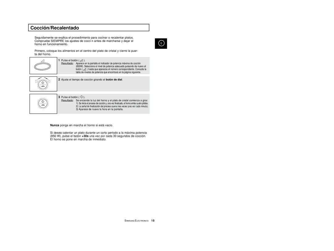 Samsung CE2777-S/XEC, CE2777-D/XEC, CE2777-B/XEC, CE2777/XEC, CE2777-GR/XEC manual Cocción/Recalentado 