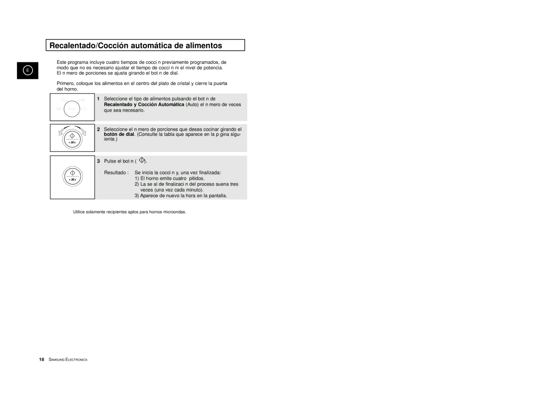 Samsung CE2777/XEC, CE2777-S/XEC, CE2777-D/XEC, CE2777-B/XEC, CE2777-GR/XEC manual Recalentado/Cocción automática de alimentos 