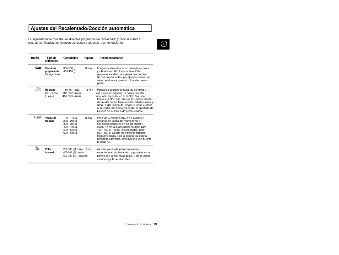 Samsung CE2777-GR/XEC, CE2777-S/XEC, CE2777-D/XEC, CE2777-B/XEC, CE2777/XEC manual Ajustes del Recalentado/Cocción automática 