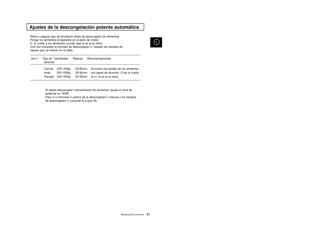 Samsung CE2777-D/XEC, CE2777-S/XEC, CE2777-B/XEC, CE2777/XEC, CE2777-GR/XEC Ajustes de la descongelación potente automática 