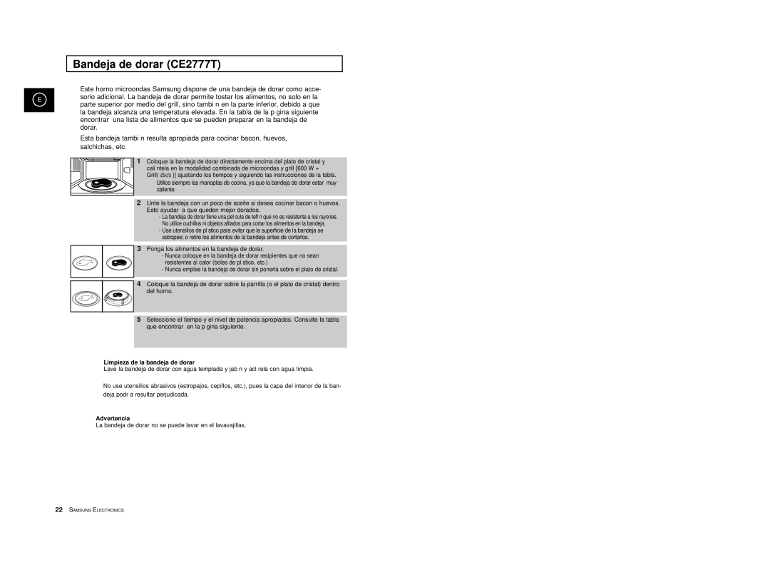 Samsung CE2777-B/XEC, CE2777-S/XEC, CE2777-D/XEC Bandeja de dorar CE2777T, Limpieza de la bandeja de dorar, Advertencia 