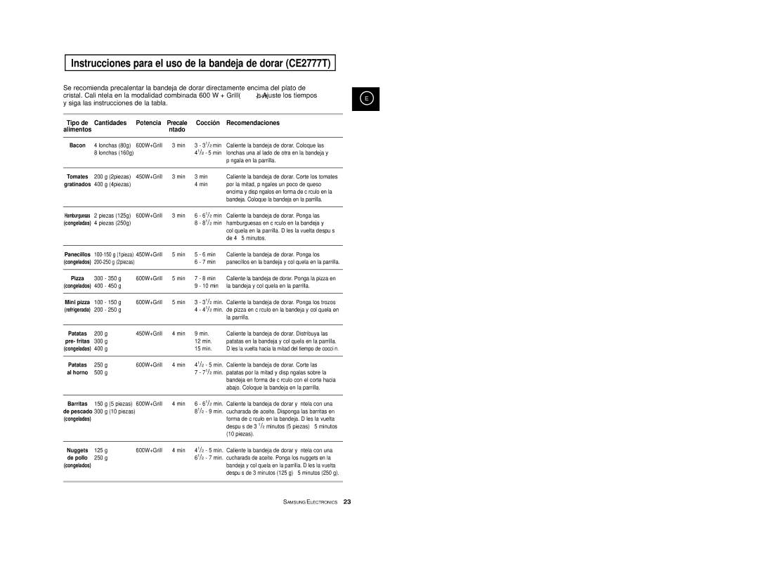 Samsung CE2777/XEC Instrucciones para el uso de la bandeja de dorar CE2777T, Cantidades Potencia, Cocción Recomendaciones 