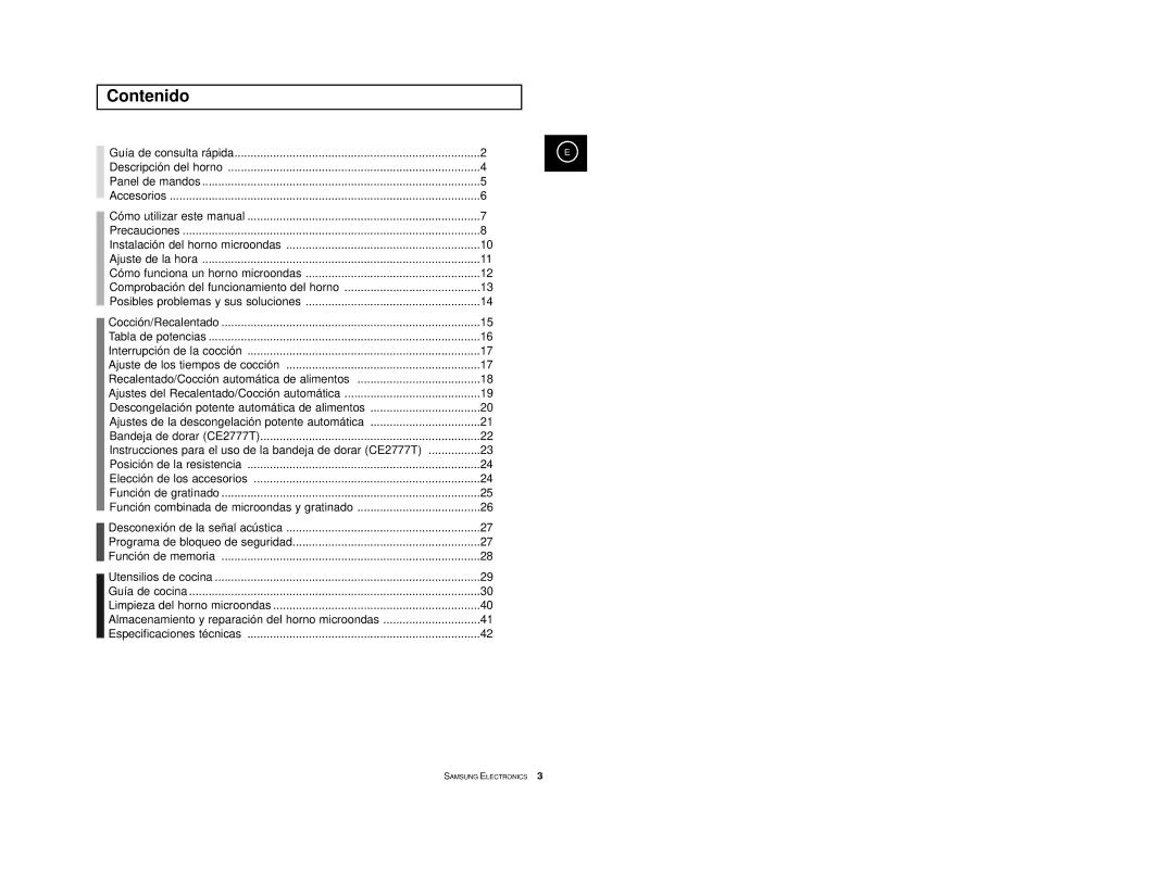 Samsung CE2777/XEC, CE2777-S/XEC, CE2777-D/XEC, CE2777-B/XEC, CE2777-GR/XEC manual Contenido 