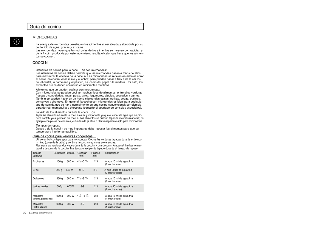 Samsung CE2777-S/XEC, CE2777-D/XEC, CE2777-B/XEC, CE2777/XEC, CE2777-GR/XEC manual Guía de cocina para verduras congeladas 