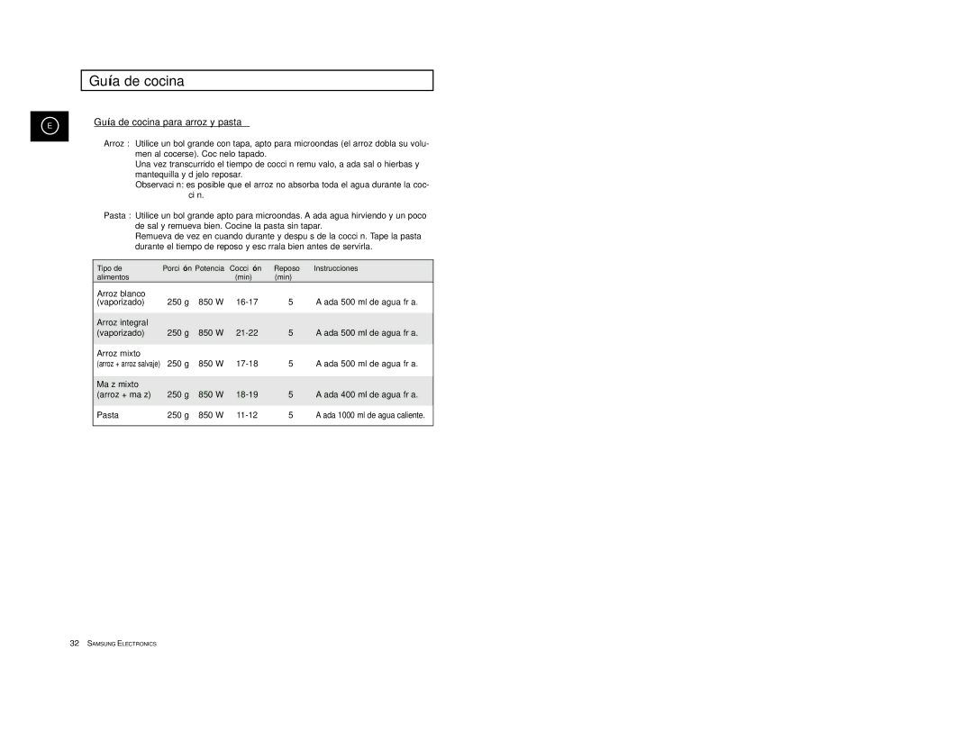 Samsung CE2777-B/XEC, CE2777-S/XEC, CE2777-D/XEC, CE2777/XEC, CE2777-GR/XEC manual Guía de cocina para arroz y pasta 