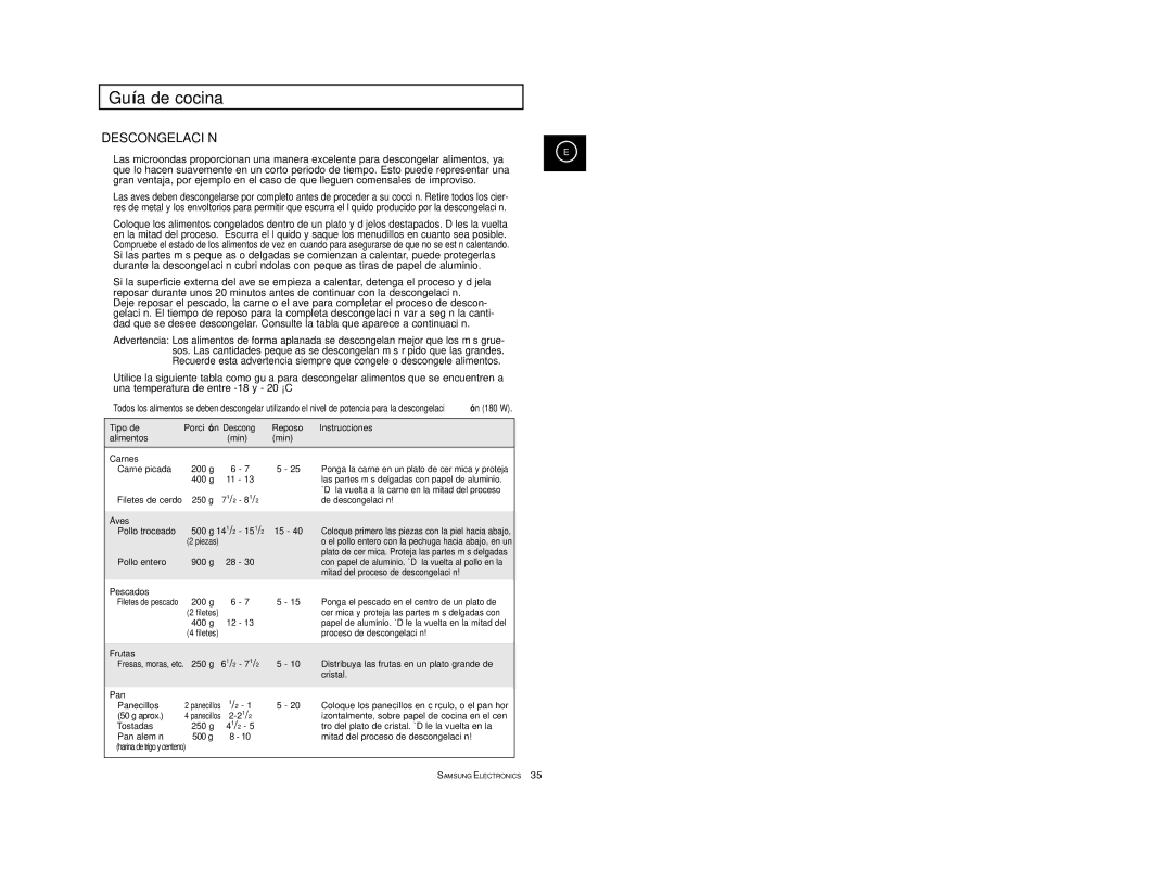 Samsung CE2777-S/XEC, CE2777-D/XEC, CE2777-B/XEC, CE2777/XEC, CE2777-GR/XEC manual Descongelación 