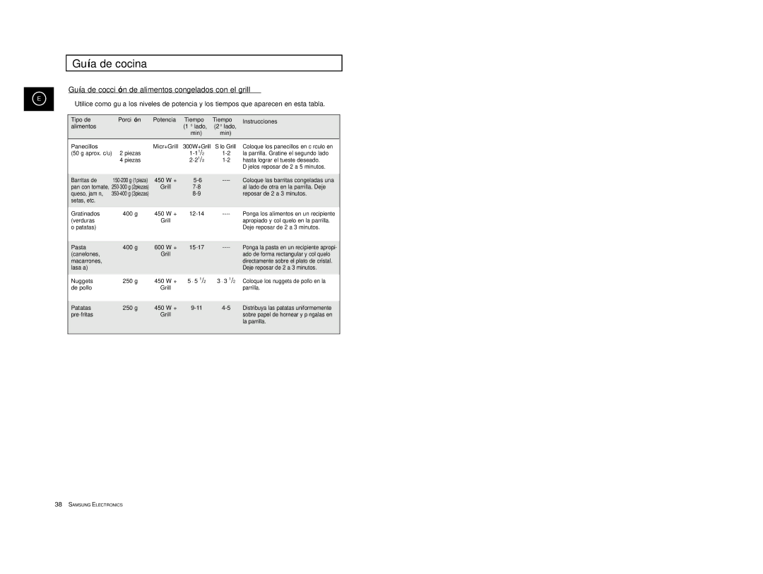 Samsung CE2777/XEC, CE2777-S/XEC, CE2777-D/XEC, CE2777-B/XEC manual Guía de cocció n de alimentos congelados con el grill 