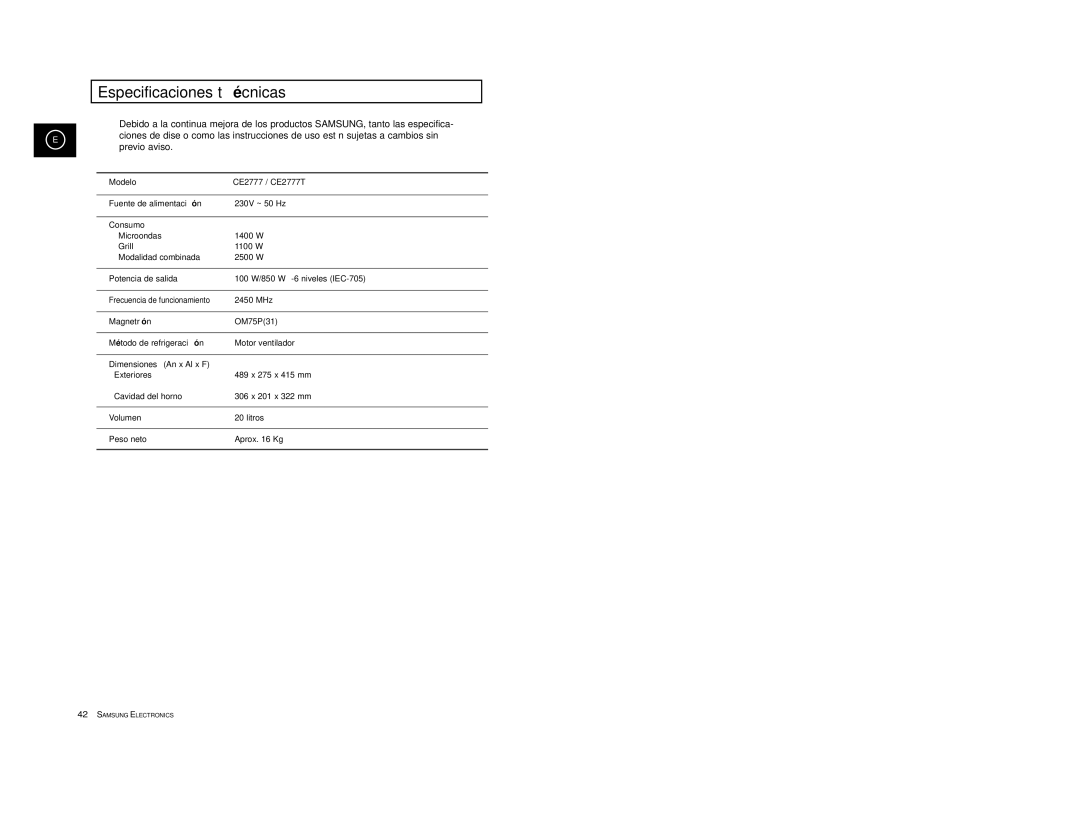 Samsung CE2777-B/XEC, CE2777-S/XEC, CE2777-D/XEC, CE2777/XEC, CE2777-GR/XEC manual Especificaciones té cnicas 