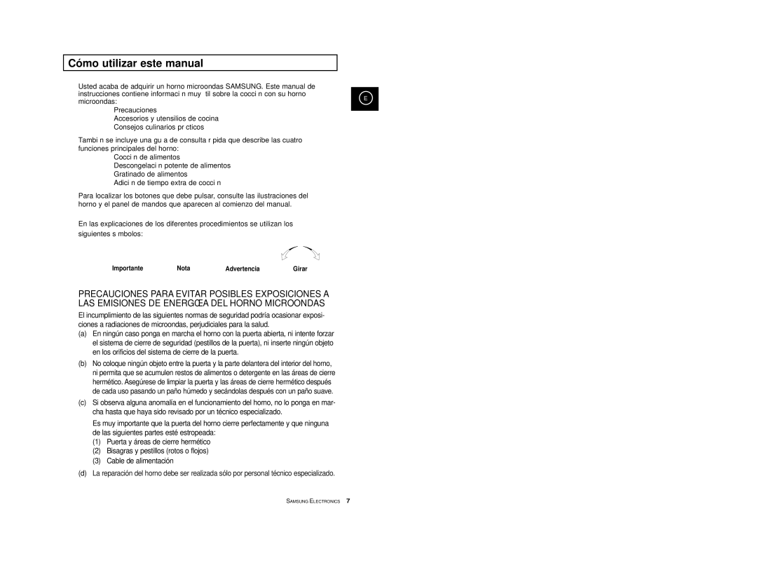 Samsung CE2777-B/XEC, CE2777-S/XEC, CE2777-D/XEC, CE2777/XEC Cómo utilizar este manual, Importante Nota Advertencia, Girar 