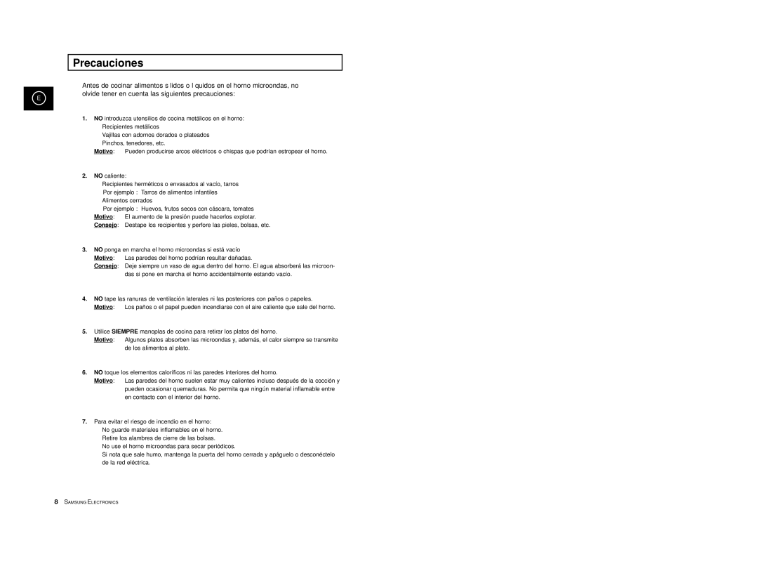 Samsung CE2777/XEC, CE2777-S/XEC, CE2777-D/XEC, CE2777-B/XEC, CE2777-GR/XEC manual Precauciones 