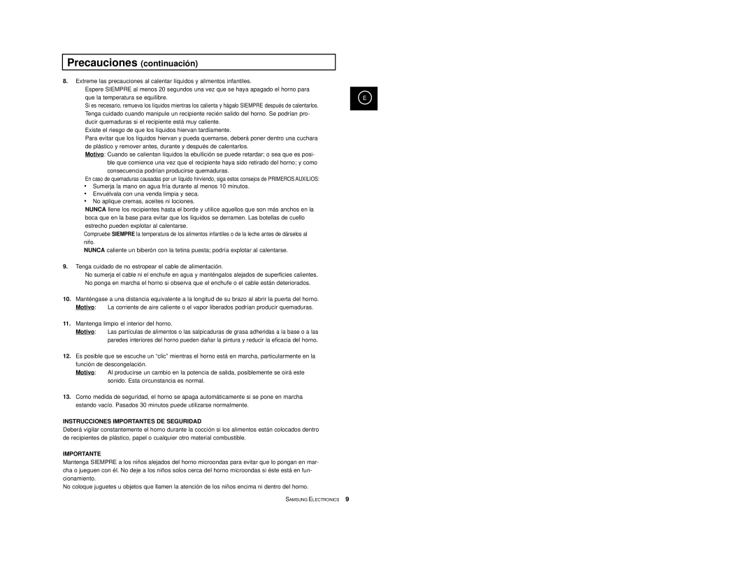 Samsung CE2777-GR/XEC, CE2777-S/XEC, CE2777-D/XEC, CE2777-B/XEC, CE2777/XEC manual Precauciones continuación 