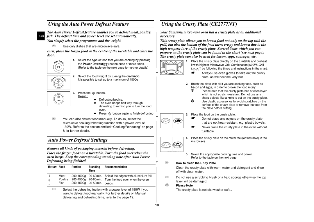 Samsung Using the Auto Power Defrost Feature, Auto Power Defrost Settings, Using the Crusty Plate CE2777NT, Please Note 