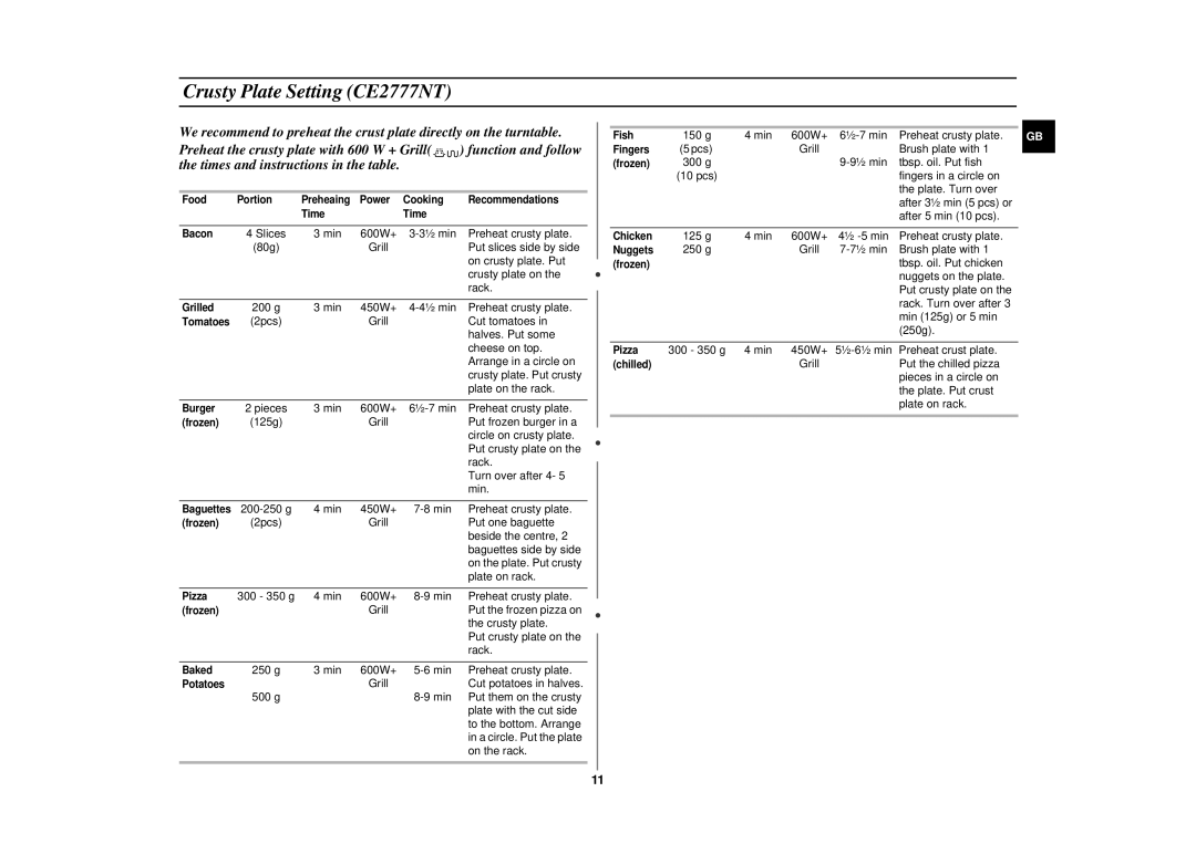 Samsung manual Crusty Plate Setting CE2777NT 