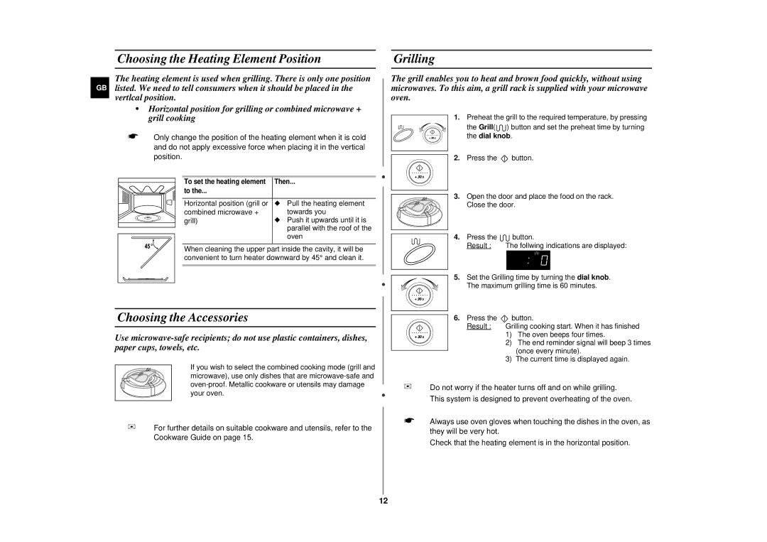 Samsung CE2777NT manual Choosing the Heating Element Position, Choosing the Accessories, Grilling 