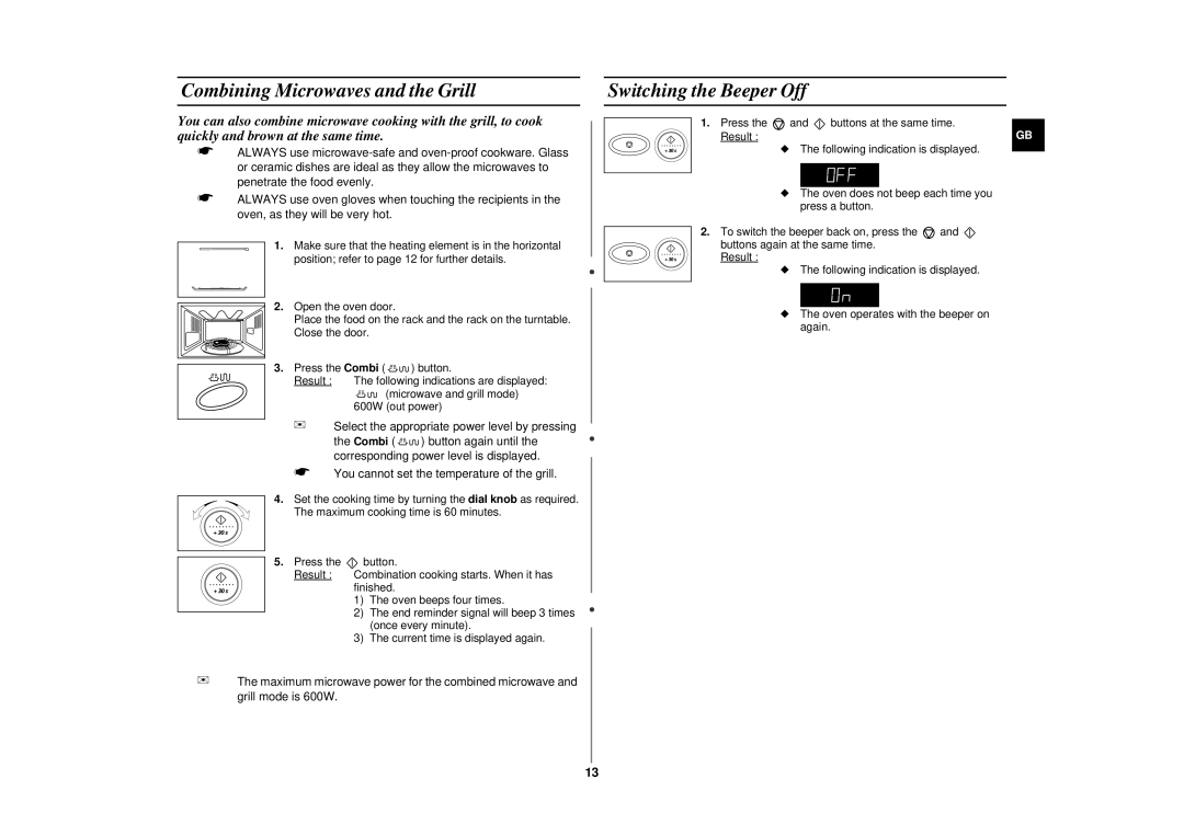 Samsung CE2777NT manual Combining Microwaves and the Grill, Switching the Beeper Off 