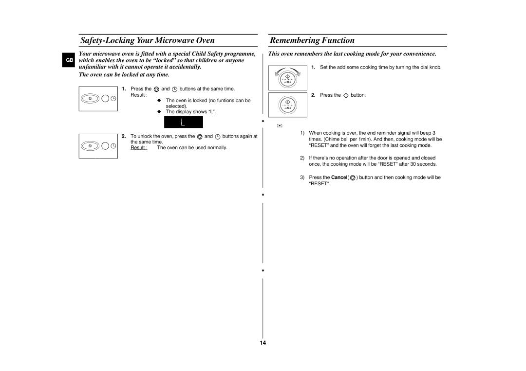 Samsung CE2777NT manual Safety-Locking Your Microwave Oven Remembering Function 