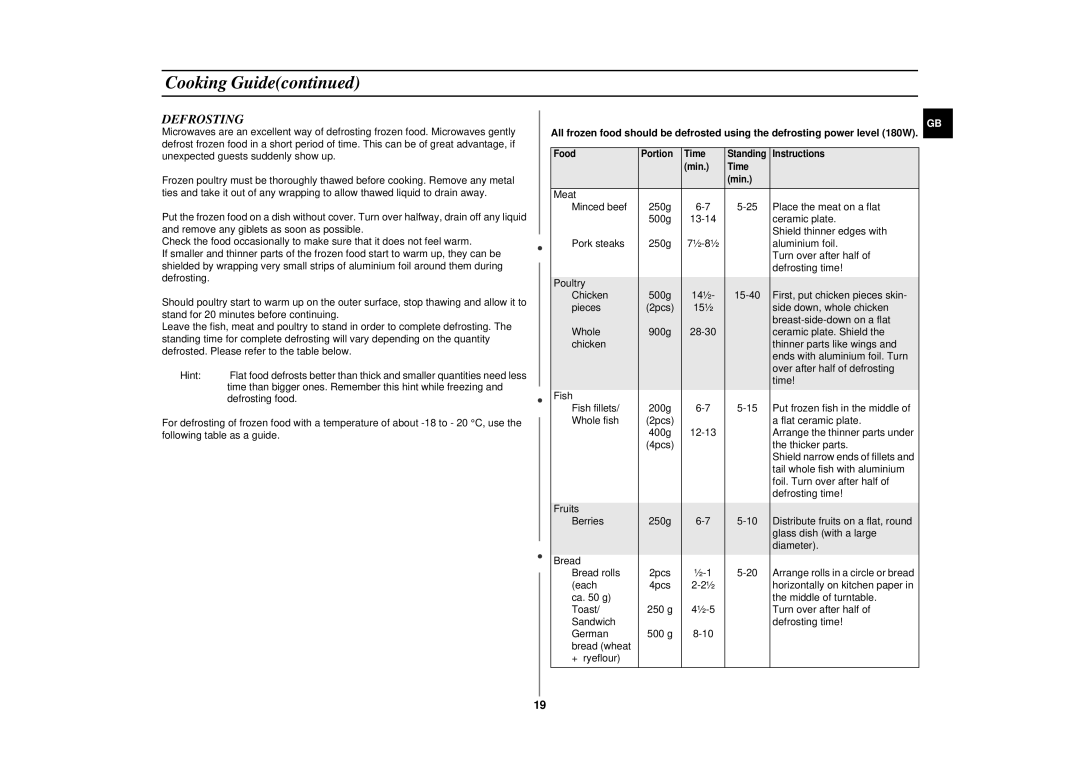 Samsung CE2777NT manual Defrosting 