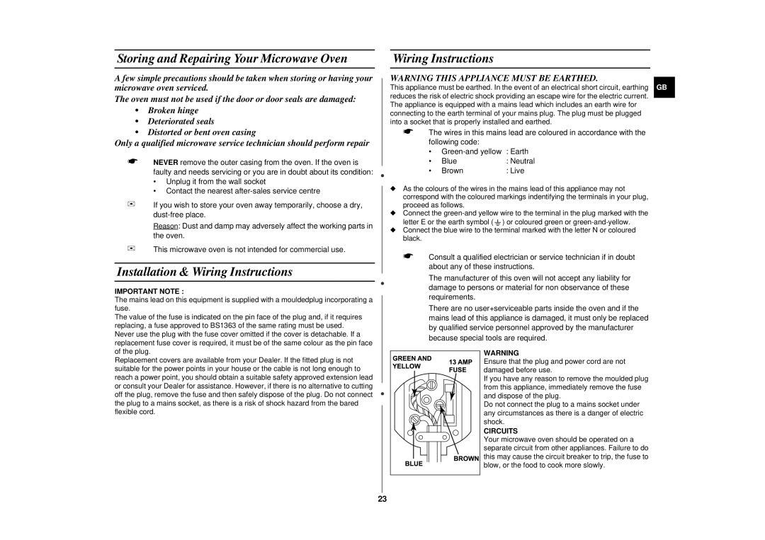 Samsung CE2777N Storing and Repairing Your Microwave Oven, Installation & Wiring Instructions, Important Note, Circuits 