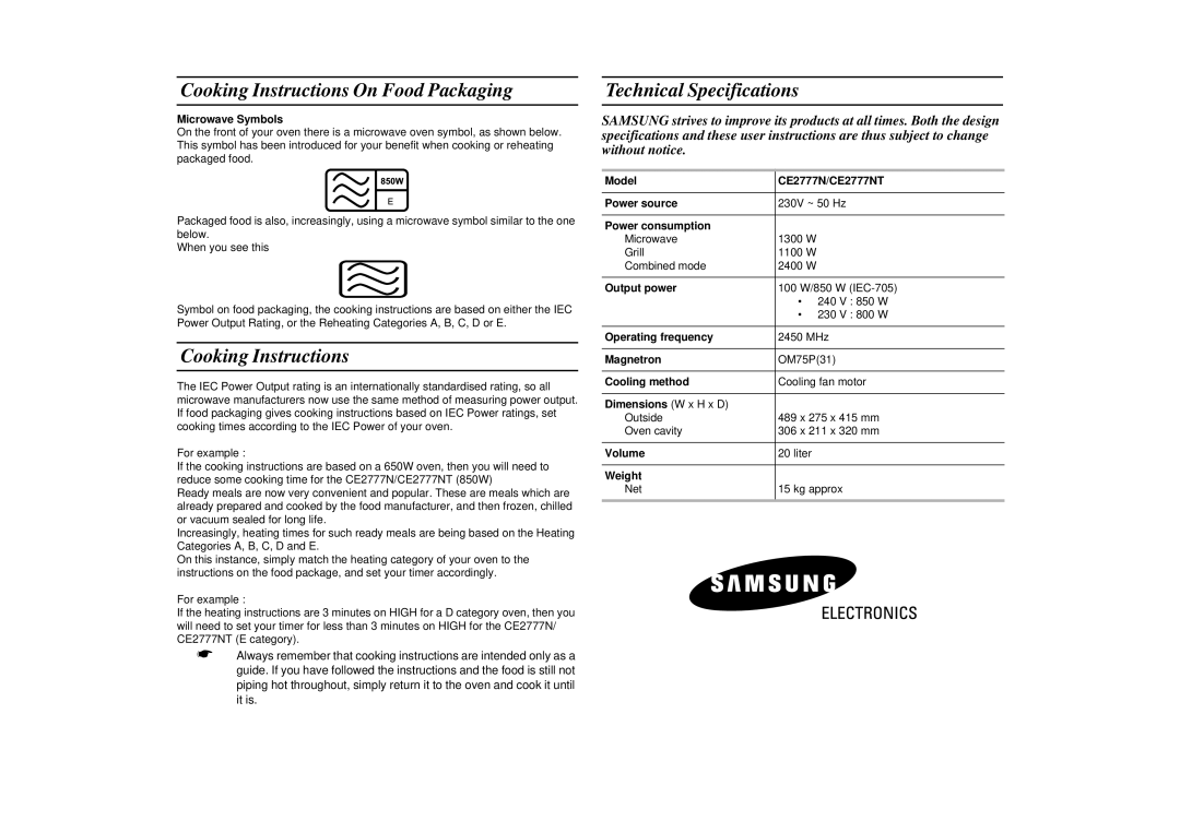 Samsung CE2777NT manual Cooking Instructions On Food Packaging, Technical Specifications 