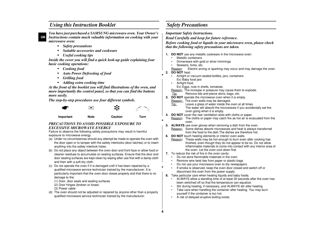 Samsung CE2777NT manual Using this Instruction Booklet, Safety Precautions, Do not heat 