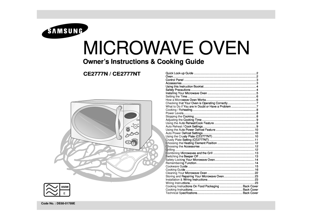 Samsung manual Code No. DE68-01789E, Microwave Oven, Owner’s Instructions & Cooking Guide, CE2777N / CE2777NT 