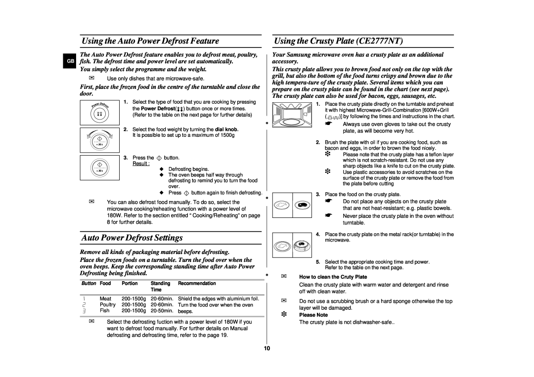 Samsung manual Using the Auto Power Defrost Feature, Auto Power Defrost Settings, Using the Crusty Plate CE2777NT 