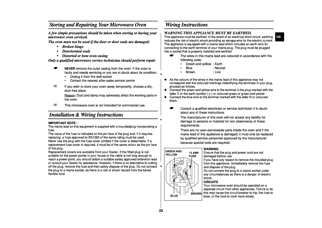 Samsung CE2777N Storing and Repairing Your Microwave Oven, Installation & Wiring Instructions, Important Note, Circuits 