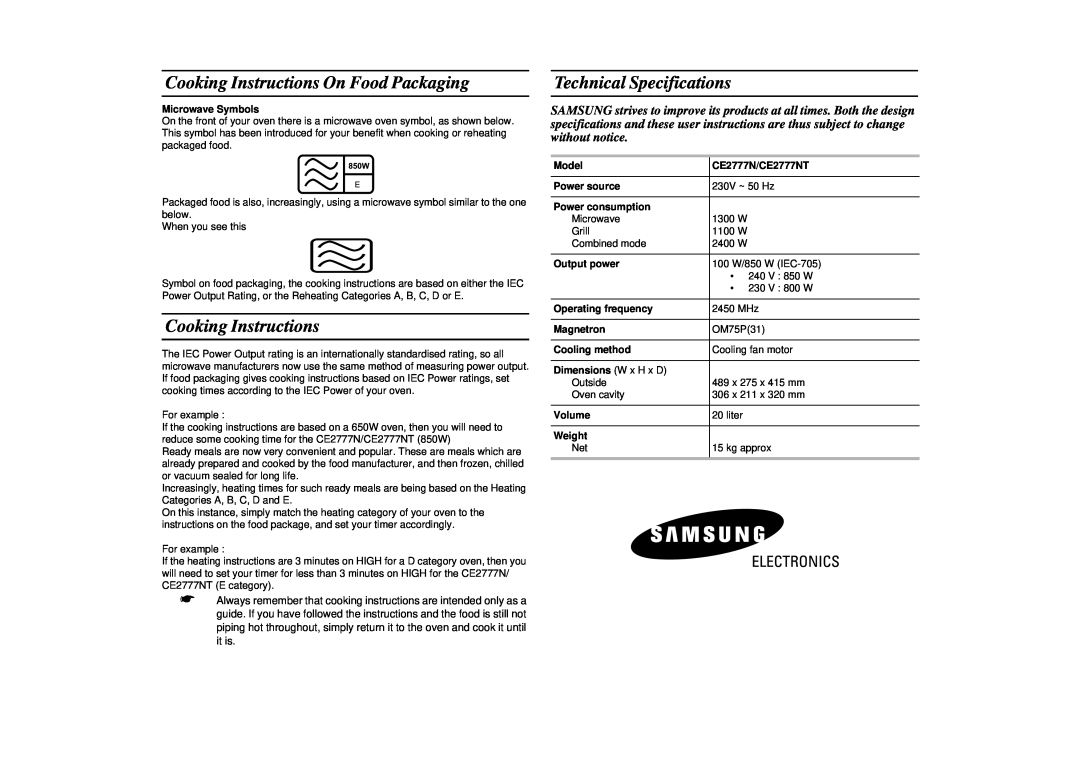 Samsung CE2777NT Cooking Instructions On Food Packaging, Technical Specifications, Microwave Symbols, Model, Power source 